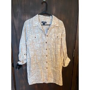 Lands End Womens Tan White Tropical Leaf Print 100% Linen Shirt Large 14